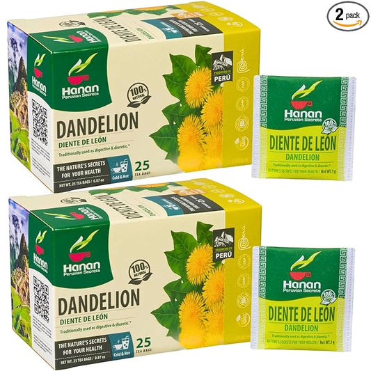 Hanan Dandelion Herbal Tea 50 Teabags (Diente de Leon) - Pack of 2 Box with 25 Tea Bags Each of All-Natural Dandelion Root and Leaf from Peru