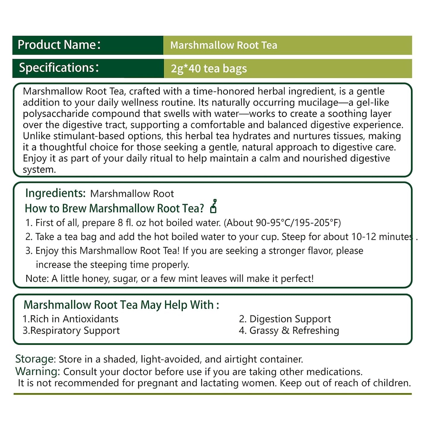 Samcci Marshmallow Root Tea Bags, 40 Count, Pure Althaea Officinalis