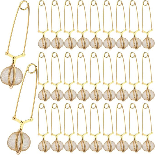 Yinder 30 Pcs Loose Leaf Tea Infuser Stainless Steel Mesh Snap Tea Ball Strainers with Handle Metal (Gold)
