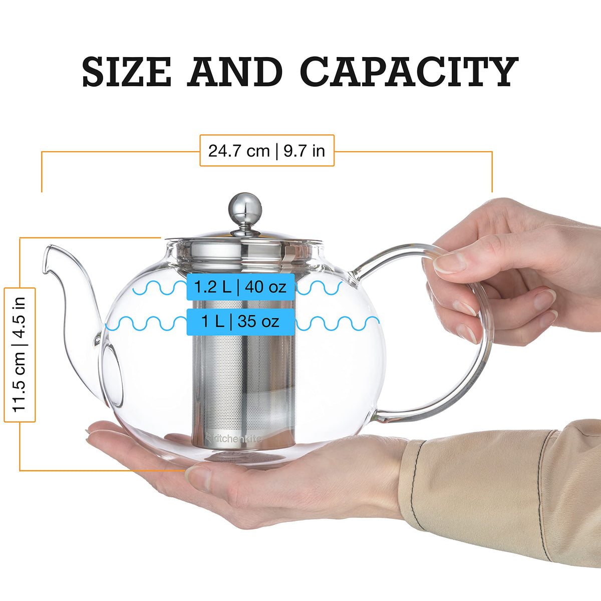 Kitchen Kite Glass Teapot Set with 4 Double Wall Tea Cups & Removable Stainless Steel Infuser, 35oz/1000ml Borosilicate Tea