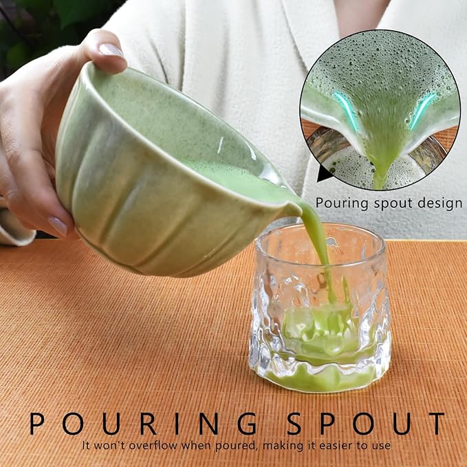 Artcome 7 Pcs Japanese Matcha Tea Set - Matcha Bowl with Pouring Spout, Matcha Whisk, Tea Scoop, Whisk Holder, Handmade Matcha Ceremony Kit For Japanese Tea Ceremony, Mottled Green
