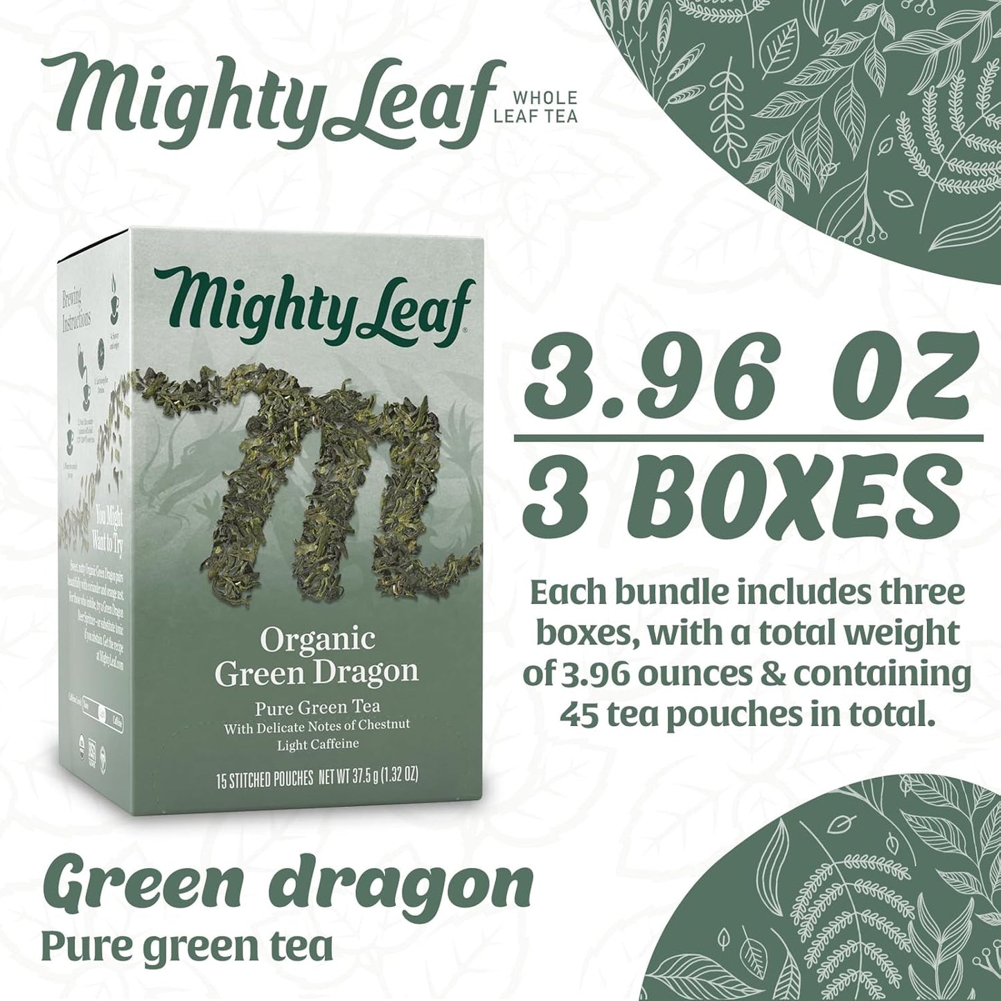 Mighty Leaf Organic Green Dragon Tea – 45 Count (15 Pouches per Box, Pack of 3) – Premium Whole Leaf Green Tea with Smooth, Fresh Flavor – Antioxidant-Rich Hot or Iced Brewing