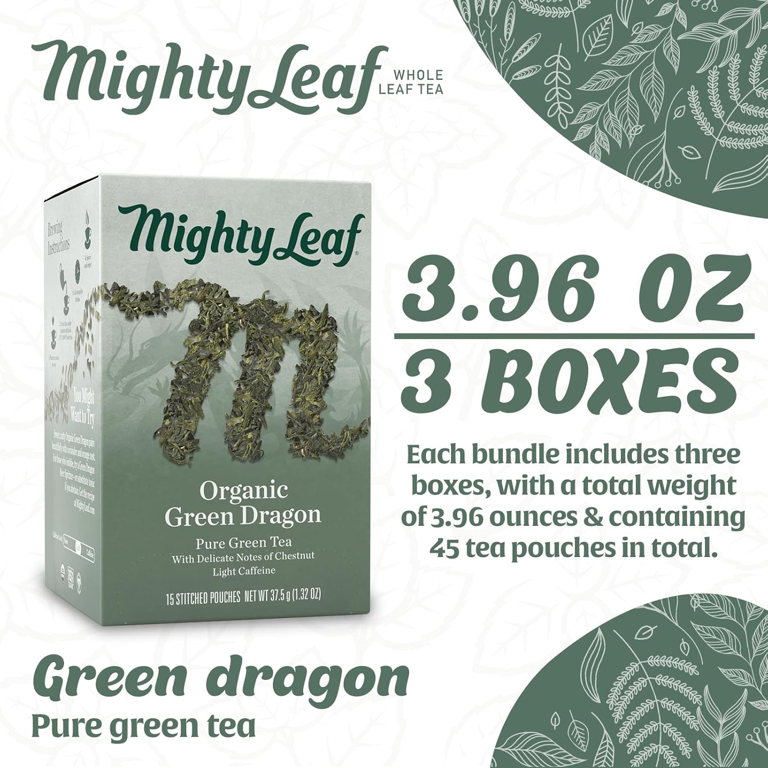 Mighty Leaf Organic Green Dragon Tea – 45 Count (15 Pouches per Box, Pack of 3) – Premium Whole Leaf Green Tea with Smooth, Fresh Flavor – Antioxidant-Rich Hot or Iced Brewing