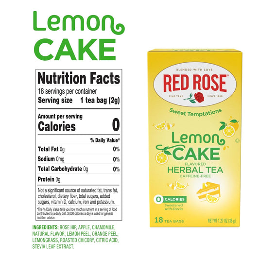 Red Rose Sweet Temptations Lemon Cake Dessert Herbal Tea, 18 Bags, 2 Pack | Sweet, dessert-inspired herbal tea | Naturally flavored | Caffeine-free | Ideal sweet treat