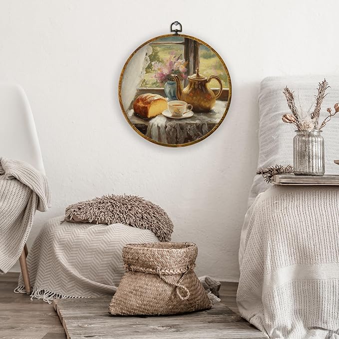 XPH Abstract Vintage Teapot Bread Round Wall Art Framed, Antique Coffee Cup Floral Circle Wall Decor