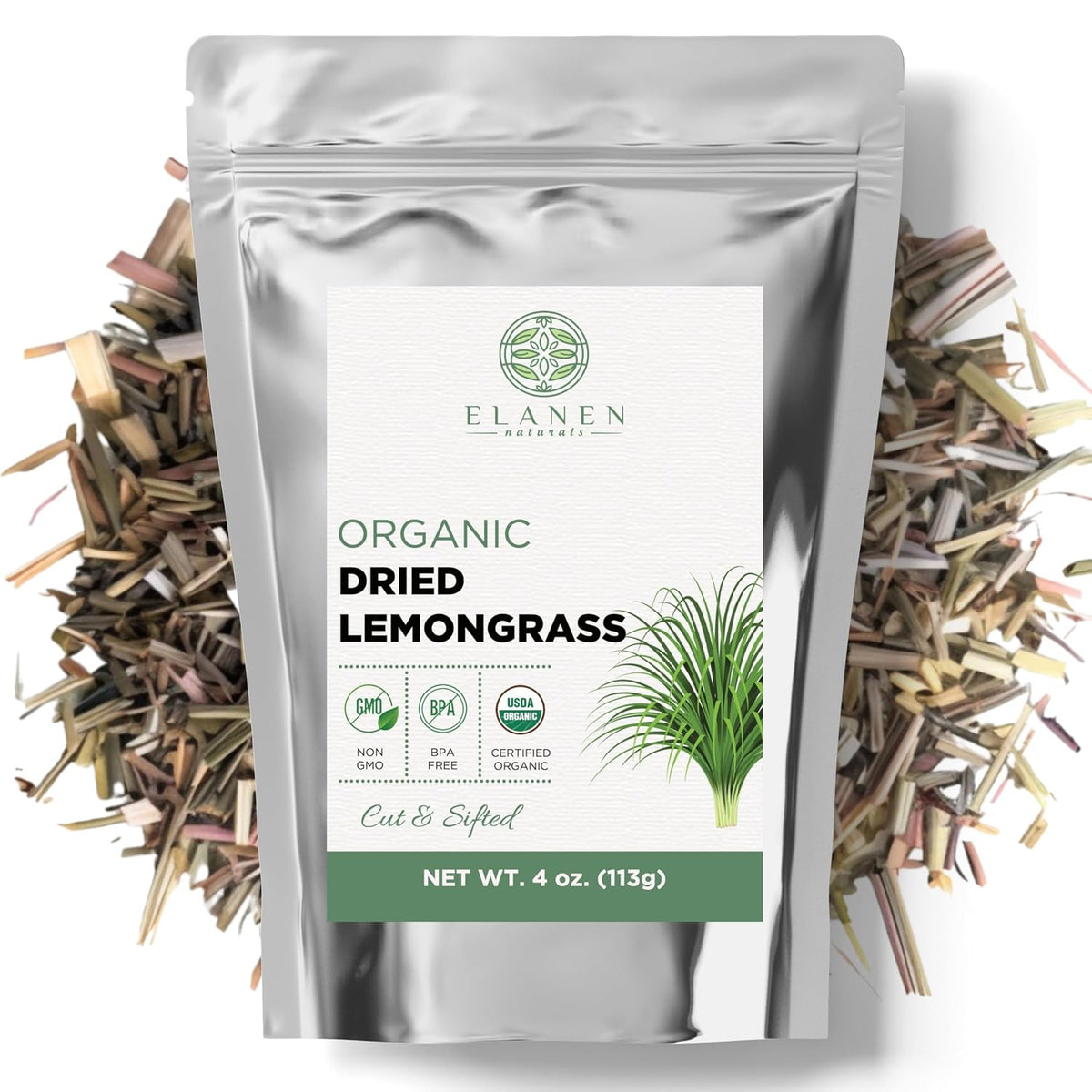 Elanen Naturals Organic Dried Lemongrass Tea 4 oz. (113g), USDA Certified Organic Lemon Grass Herb Leaf, Lemin Fever Grass, Te De Limon, Lemingrass Loose Leaves, Dried Lemongrass Bulk, Cut &amp; Sifted