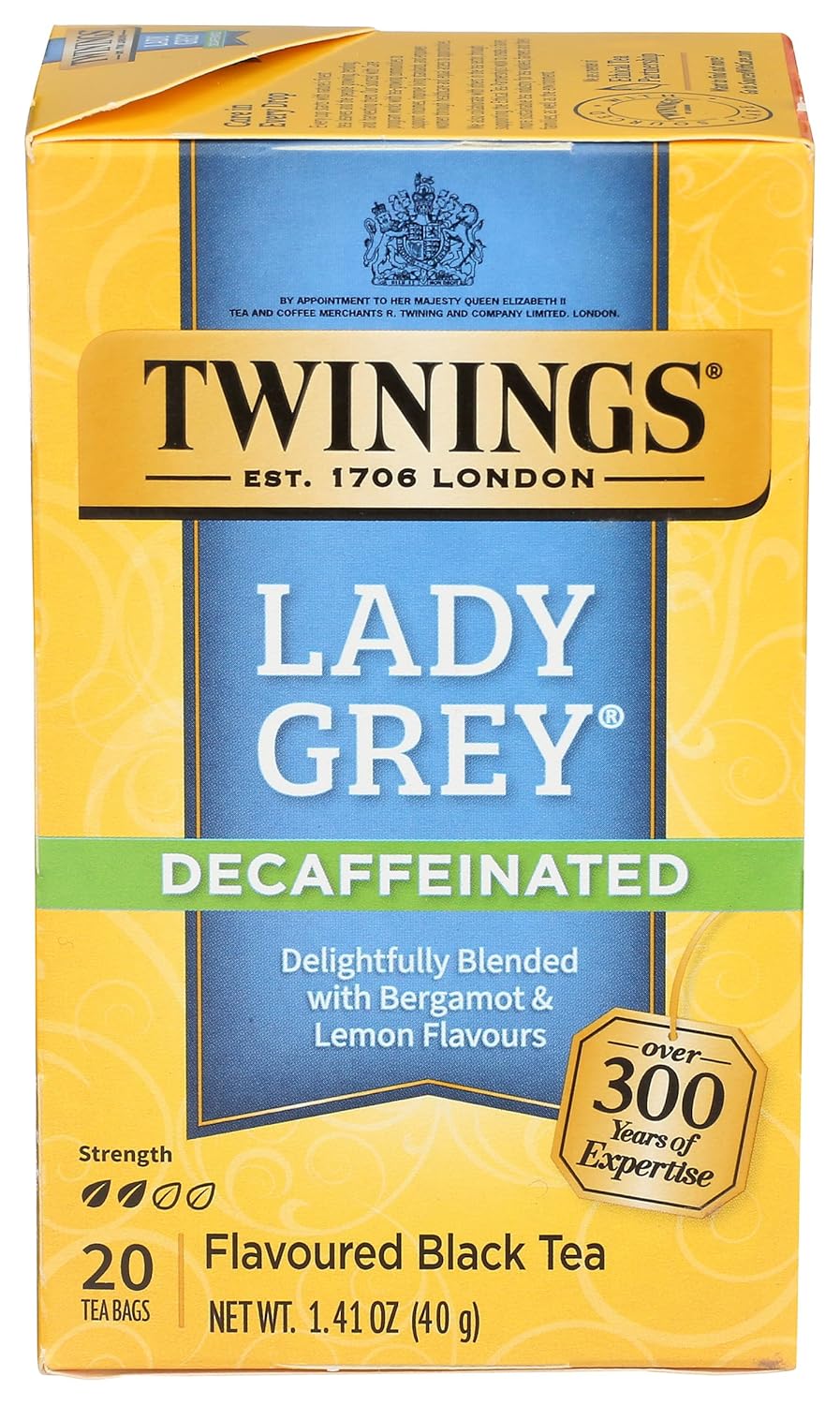 Twinings Tea Lady Grey Decaffeinated Tea - Delicate Citrusy Flavor and Uplifting Aroma, Decaf Black Tea Bags Individually Wrapped, 20 Count
