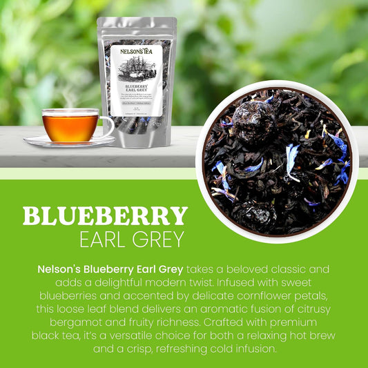 Nelson's Tea Blueberry Earl Grey Black Loose Leaf Tea, 4oz | Blueberries Bergamot • Fruity • Tea • Loose Leaf Tea • Cornflower • Blueberry Earl Grey