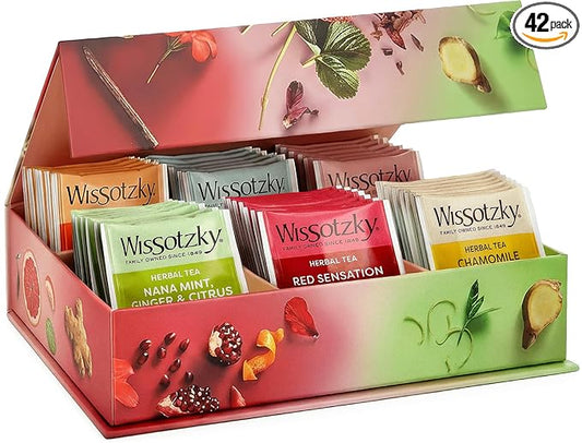 Wissotzky Herbal Tea Variety Pack Sampler (42 Tea Bags) in a Premium Reusable Gift Box | Caffeine-Free | 6 Exciting Flavors | Individually Wrapped Tea Bags | Ideal Present for Thanksgiving, Holiday & Corporate Gifting | Magnetic Closure Box | Kosher