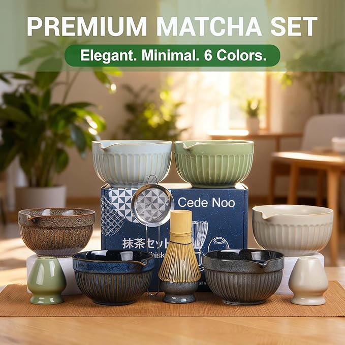 Matcha Whisk Set – Ceramic Matcha Bowl with Spout, Bamboo Whisk, Scoop, Ceramic Holders, Stainless Sifter, Towel