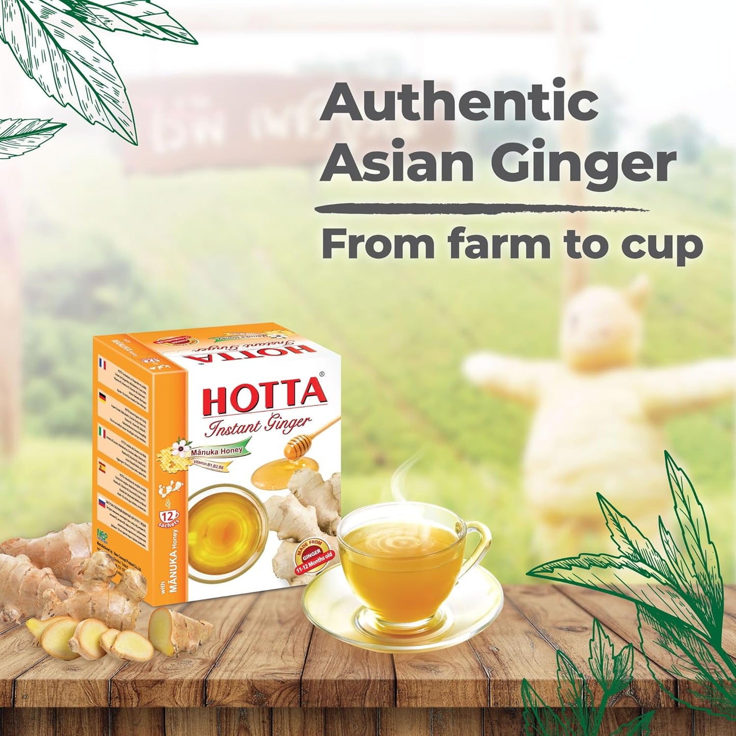 HOTTA Instant Ginger Drink with Manuka Honey, Naturally Sweet, Caffeine-Free Herbal Tea, High in Vitamin B1, B2 & B6, Smooth & Comforting, Enjoy Hot or Cold, 12 Sachets