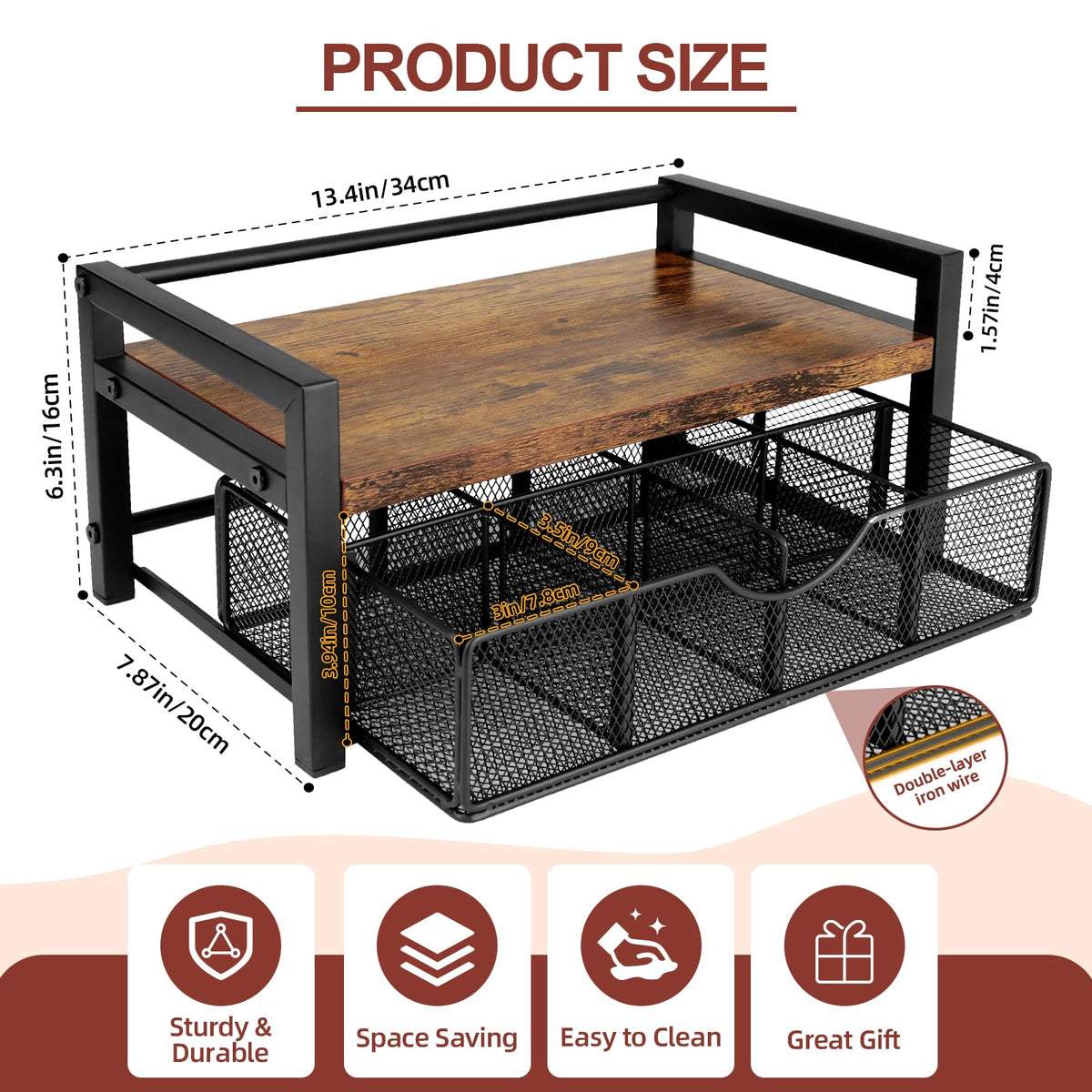 Happilif Tea Bag Organizer, Tea Bag Holder Organizer with 8-Compartment Adjustable Drawer, Wood & Metal Tea Box Organizer