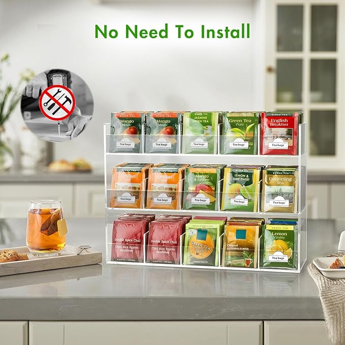 Beygorm Acrylic Tea Bag Organizer for 270 Tea Packets, No Assembly Required Display Holder for Countertop, Vertical Tea Bag Caddy for Cabinet