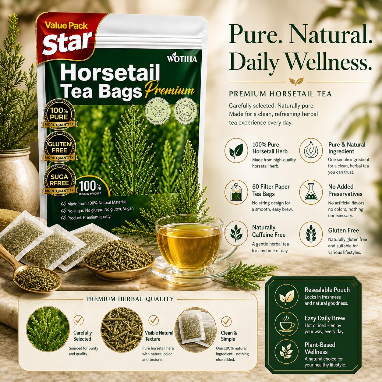 WOTIHA 60 Count Premium Horsetail Tea Bags - 100% Natural Pure Herb, Supports Hair &amp; Nail Health, Caffeine/Additive/Sugar-Free, Non-GMO, Cola De Caballo Hierba