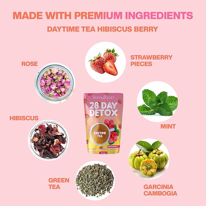 SkinnyBoost 28 Day Detox Daytime Tea -HIBISCUS BERRY (28 Tea Bags) Supports Metabolism Boost, Detox, All Natural, Non GMO, Vegan, Keto Friendly