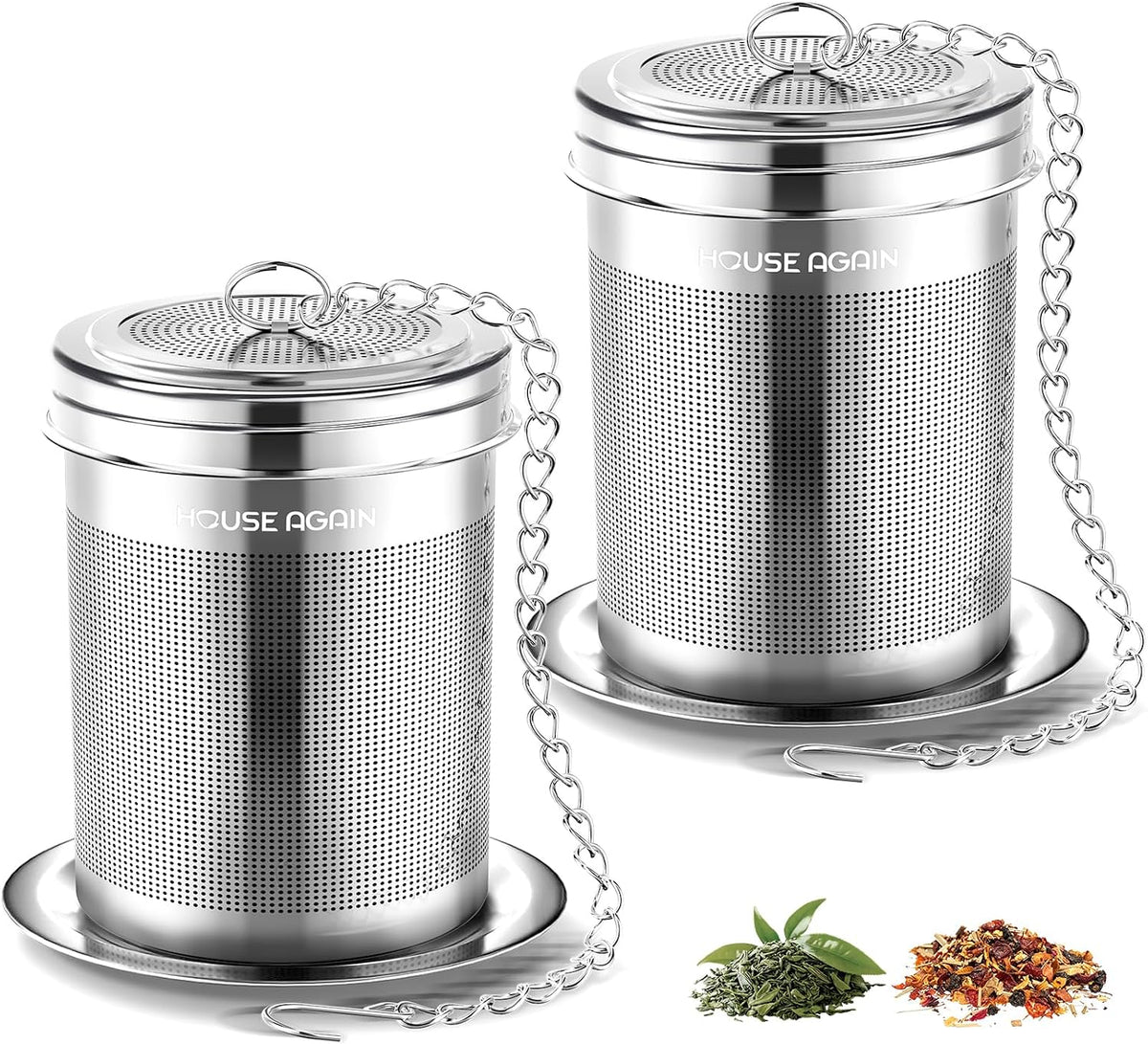 House Again 2 Pack Tea Strainers for Loose Tea, Extra Fine Mesh Tea Infusers, 304 Stainless Steel with Extended Chain Hook, Loose Leaf Tea Steeper, Tea Filter for Brew Tea Spices &amp; Seasoning