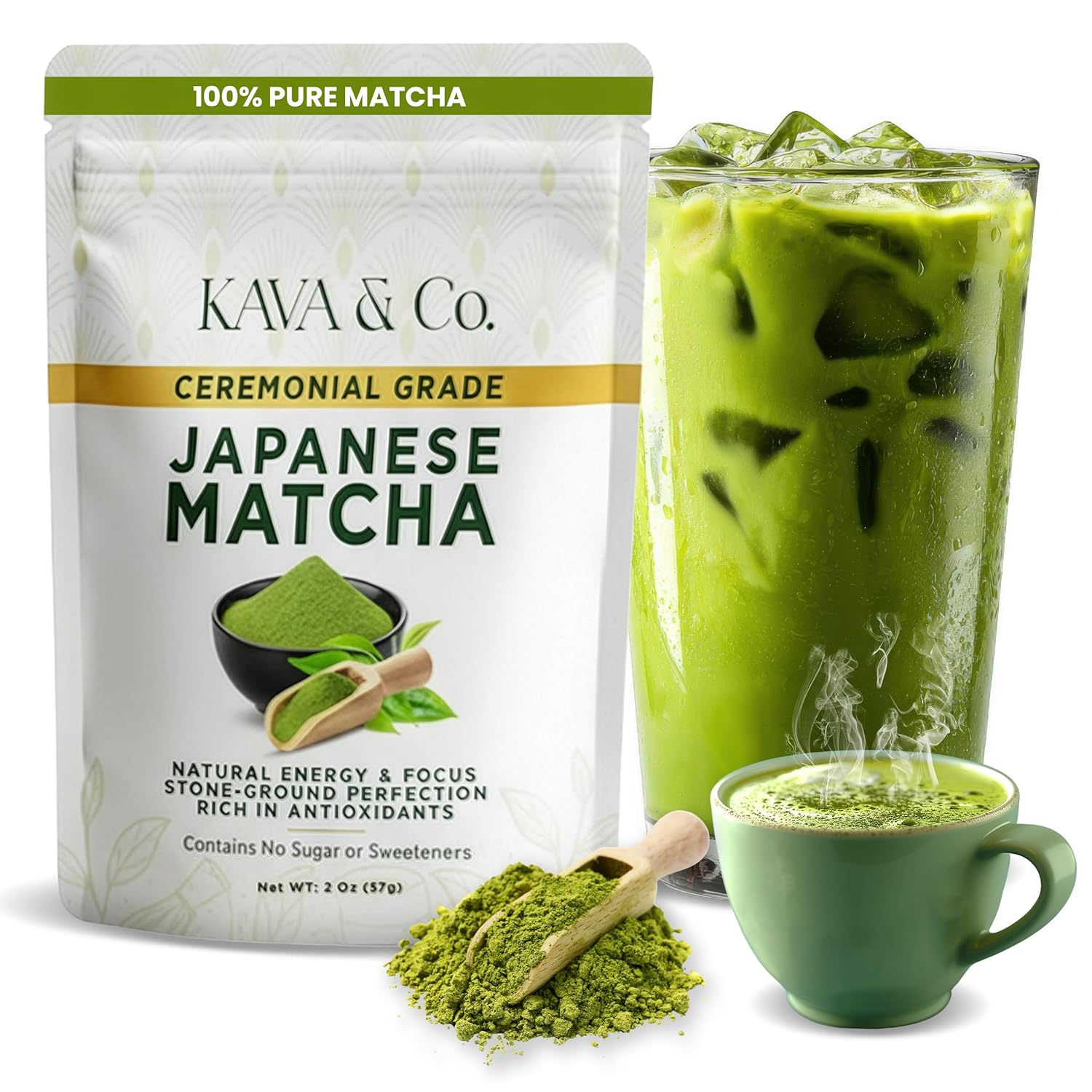 Kava and Co Ceremonial Matcha - Premium Japanese Green Tea - Authentic Stone Ground Matcha Powder - Shade Grown Leaves for Natural Energy - Jitter Free Antioxidant Superfood for Lattes and Smoothies