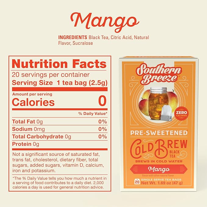 Southern Breeze Cold Brew Sweet Tea Mango Iced Tea with Black Tea and Zero Carbs Zero Sugar
