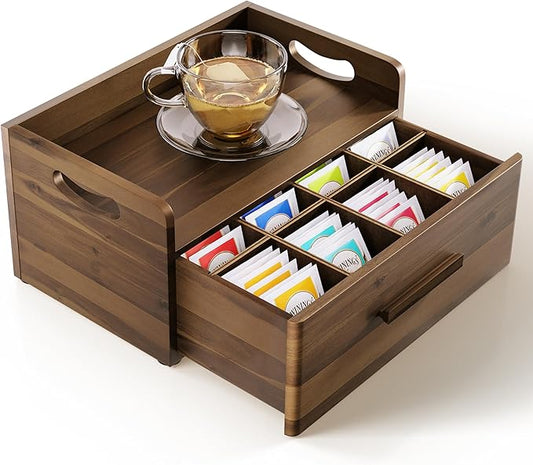 Tinamo Acacia Wooden Tea Box Organizer with Drawer – Tea Chest for Tea Bags Storage – Tea and Coffee Organizer - Wooden Tea Tray and Containers for Countertop Display (Walnut)
