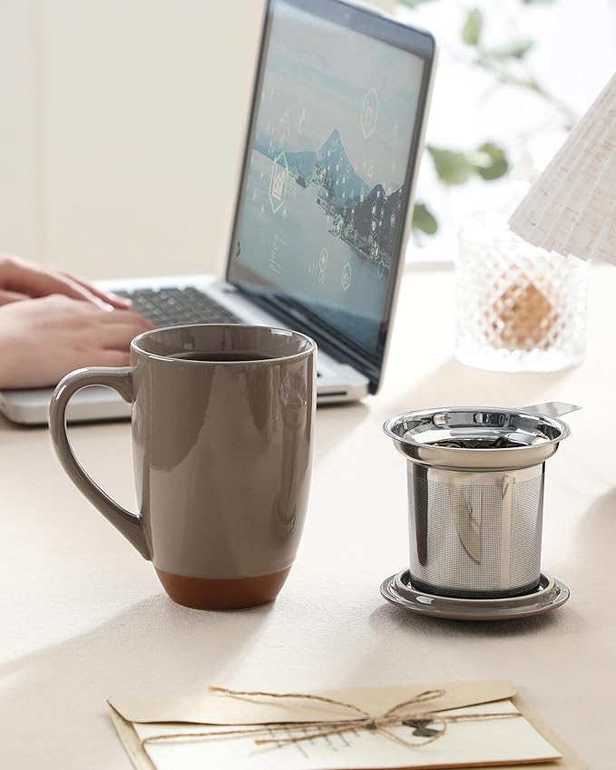 Malacasa Ceramic Tea Mug with Lid and Stainless Steel Infuser, 18 oz Large Tea Cup for Loose Leaf Tea, Heat-Resistant, Microwave & Dishwasher Safe