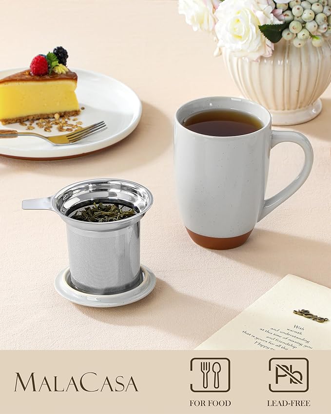 Malacasa Ceramic Tea Mug with Lid and Stainless Steel Infuser, 18 oz Large Tea Cup for Loose Leaf Tea, Heat-Resistant, Microwave & Dishwasher Safe