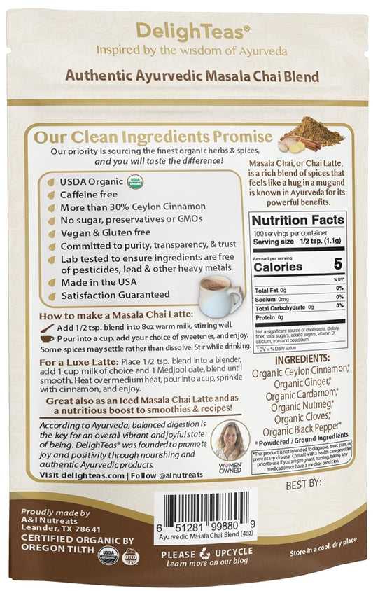 DelighTeas Organic Masala Chai Powder | Caffeine free, Unsweetened, Vegan, Keto | Ayurvedic Digestive Support blend for Chai Spice Tea | 100 Servings, 4oz