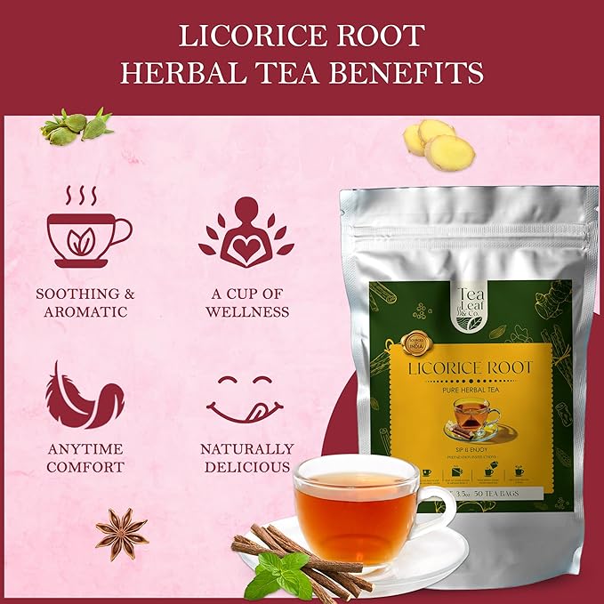 Tealeaf & Co. Licorice Root Tea Blended with Organic Spices - Pure Herbal Tea Bags with Cardamom, Ginger, Cinnamon Sticks & Licorice Root Extract
