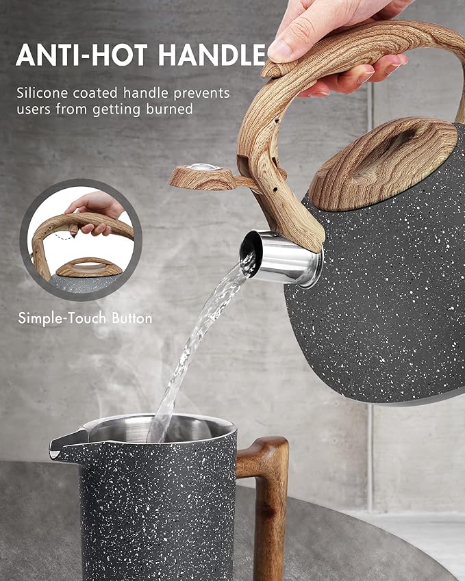 Poliviar Tea Kettle, 2.7 Quart Natural Stone Finish with Wood Pattern Handle Loud Whistle Food Grade Stainless Steel Teapot