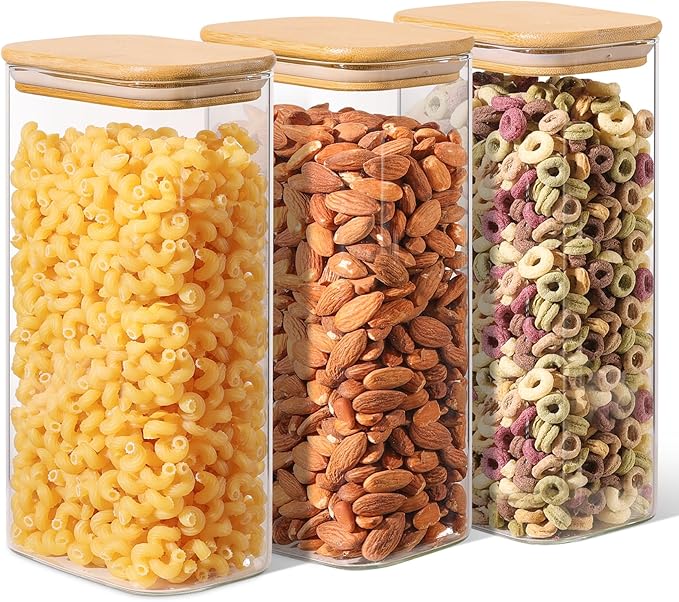 ComSaf 1.8 Qt Rectangle Glass Storage Containers with Lids, Glass Jars with Bamboo Lids, Clear Food 