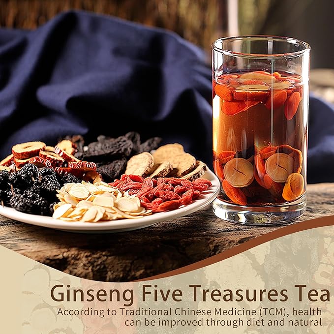 Ginseng Five Treasures Tea Kidney Tea - Ginseng & Mulberry Herbal Teas Natural Chinese Red Date Kidney Cleanse Detox Teas Bag for Men Women