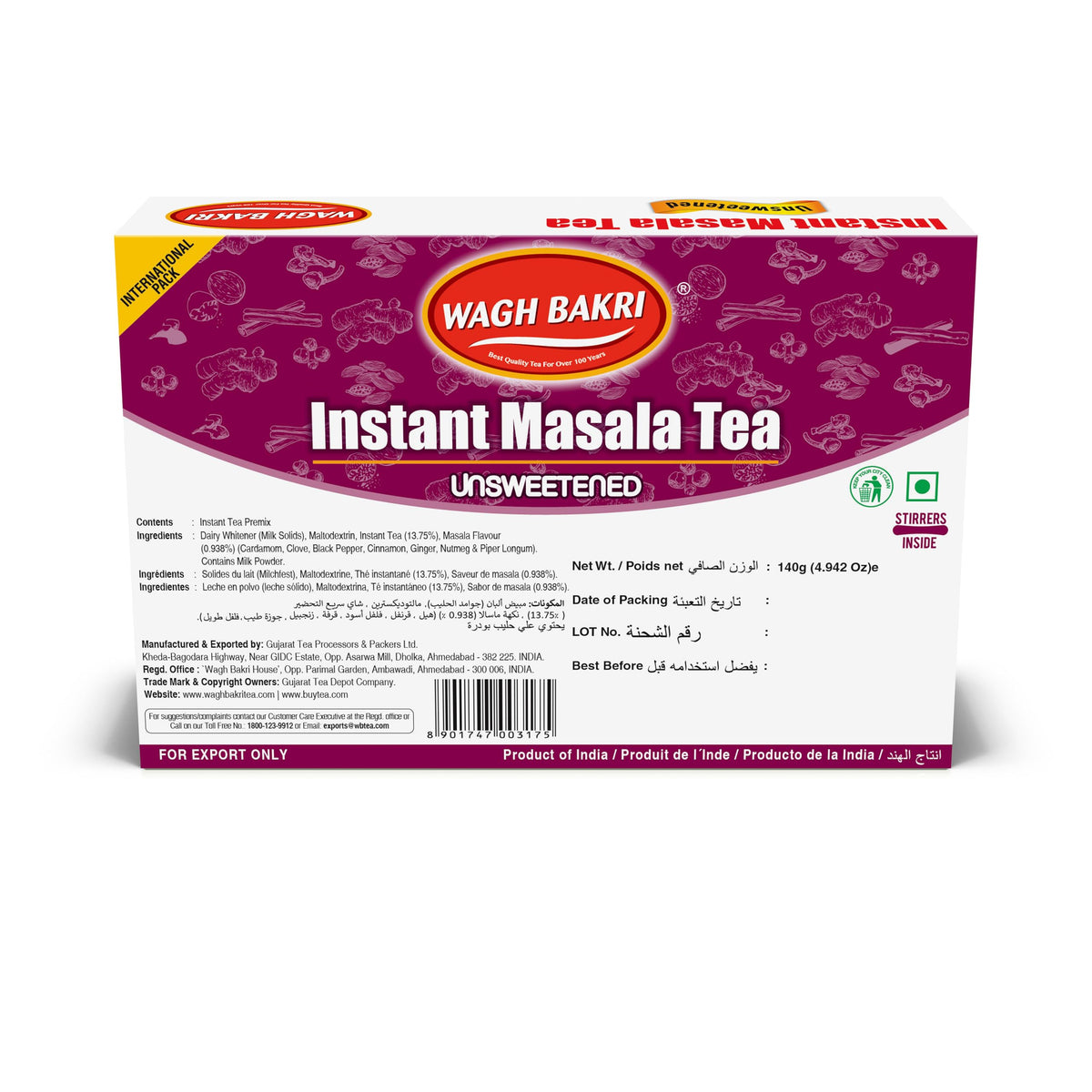 Wagh Bakri Instant Masala Tea, Unsweetened No Sugar Added, Karak Chai - 140grams, 10 Sachets [International Pack]