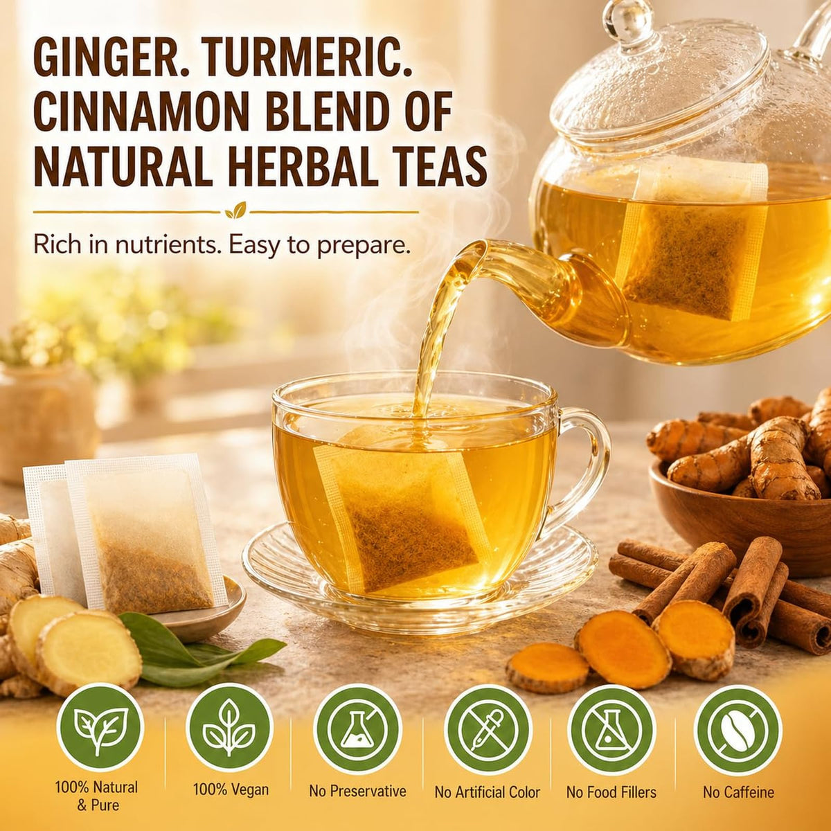 AISDWH, 60 Premium Turmeric Ginger Cinnamon Tea Bags, Caffeine-Free
