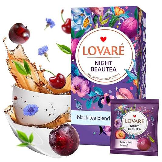 LOVARE Night Beautea Tea Bags 48 g - Made in Ukraine - Ceylon Black Tea, Cherry Berries, Cornflower Petals, Royal Pomegranate Plum - Individually Wrapped - Gift Box for Tea Lovers (24 x 2 g)