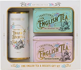 New English Teas Vintage Victorian Tea & Cookies Gift Set with 80 Fine English Teabags, 2 Tea Caddies and Luxury Cornish Cookies
