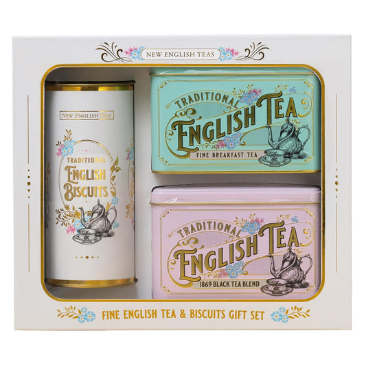 New English Teas Vintage Victorian Tea & Cookies Gift Set with 80 Fine English Teabags, 2 Tea Caddies and Luxury Cornish Cookies