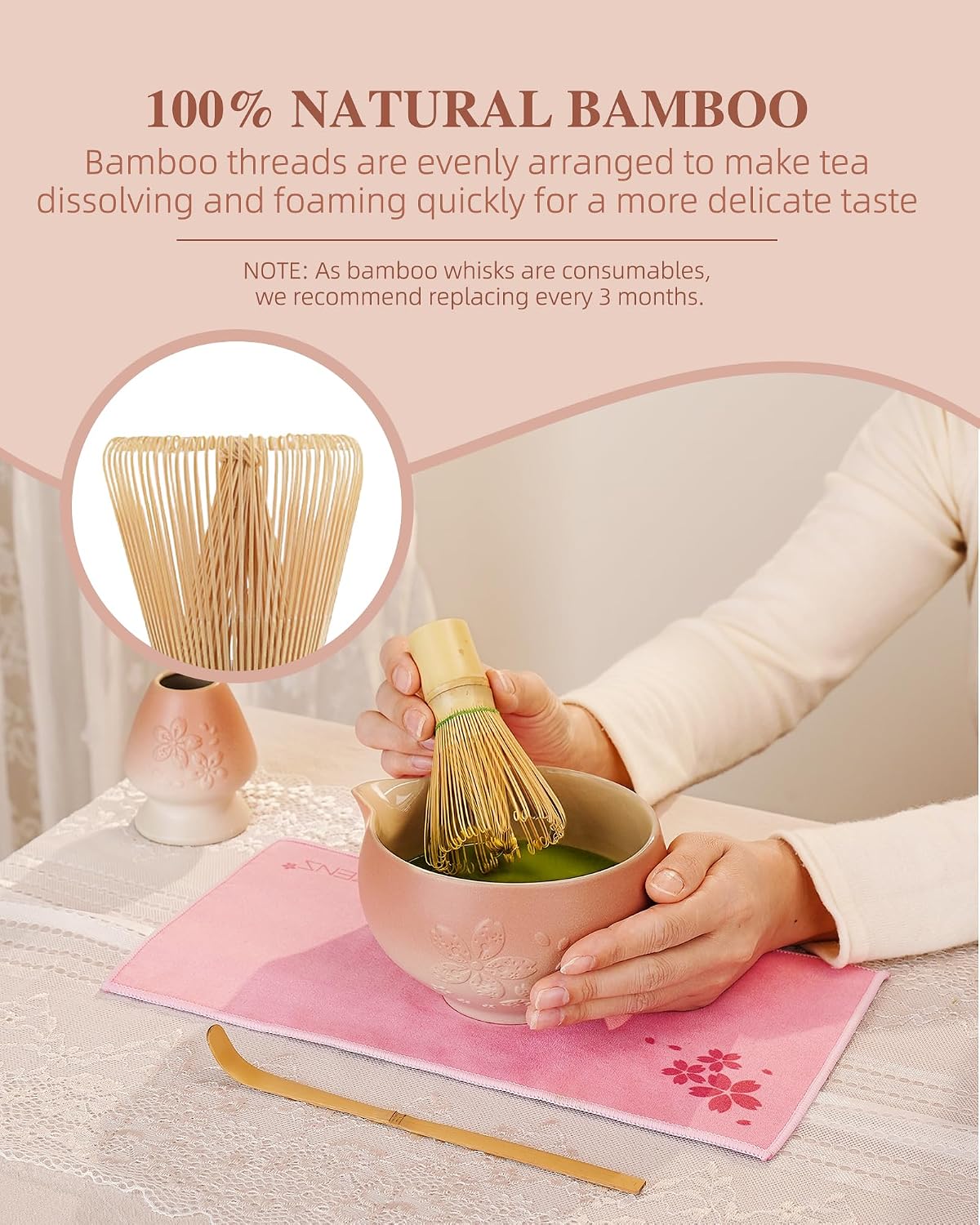 ZENS Premium Matcha Whisk Set, 6pcs Matcha Kit with Matcha Tools, Pink
