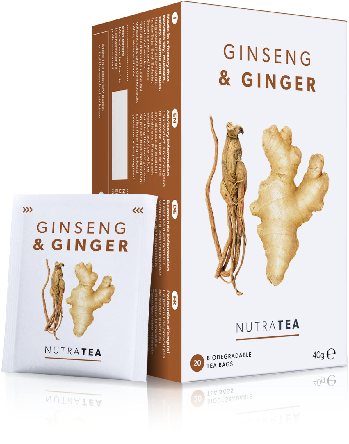 Nutra Tea Ginger & Ginseng Tea | Ginger Tea - 50% Ginger & 50% Ginseng Herbal Infusion - Caffeine Free, Natural Herbal Blend