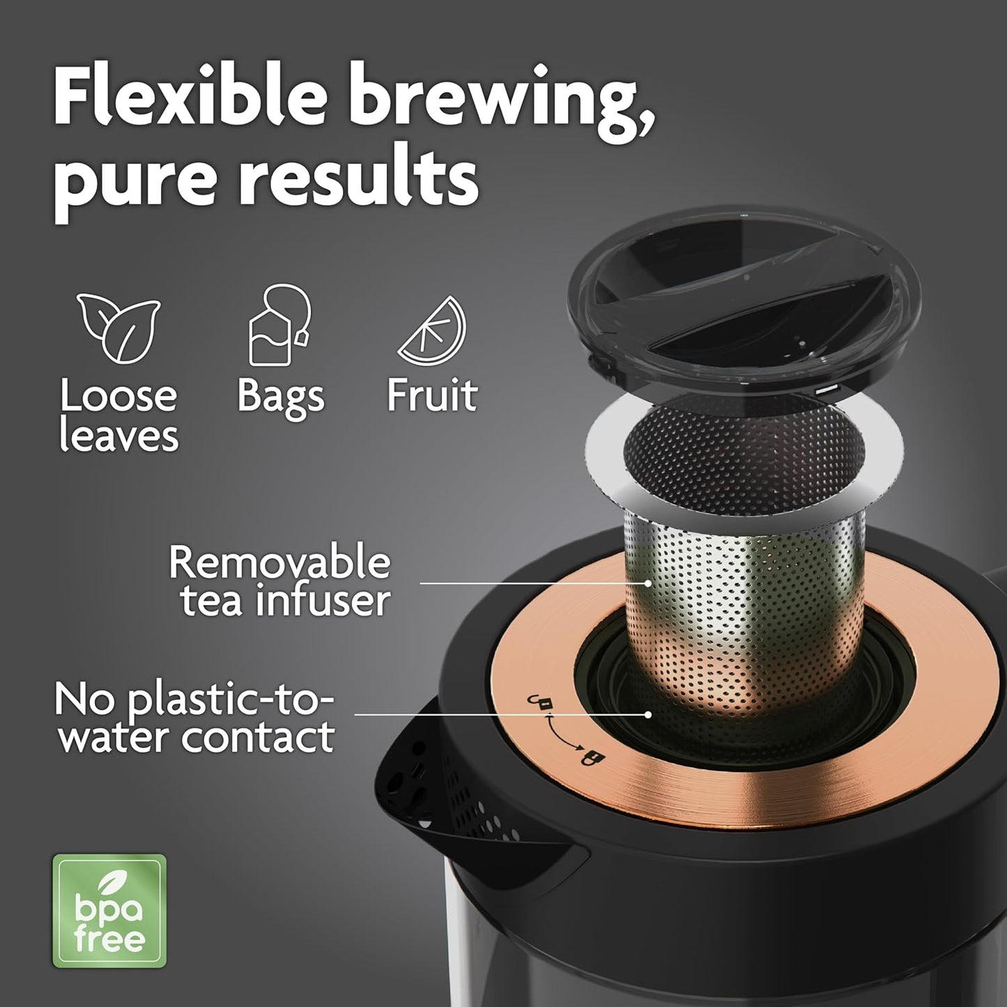Viante Alba Electric Tea Kettle With Infuser, No Plastic, 1.5L, Black | Borosilicate glass &amp; 304 stainless steel construction. 4 temp presets, keep-warm, cordless, auto shut-off