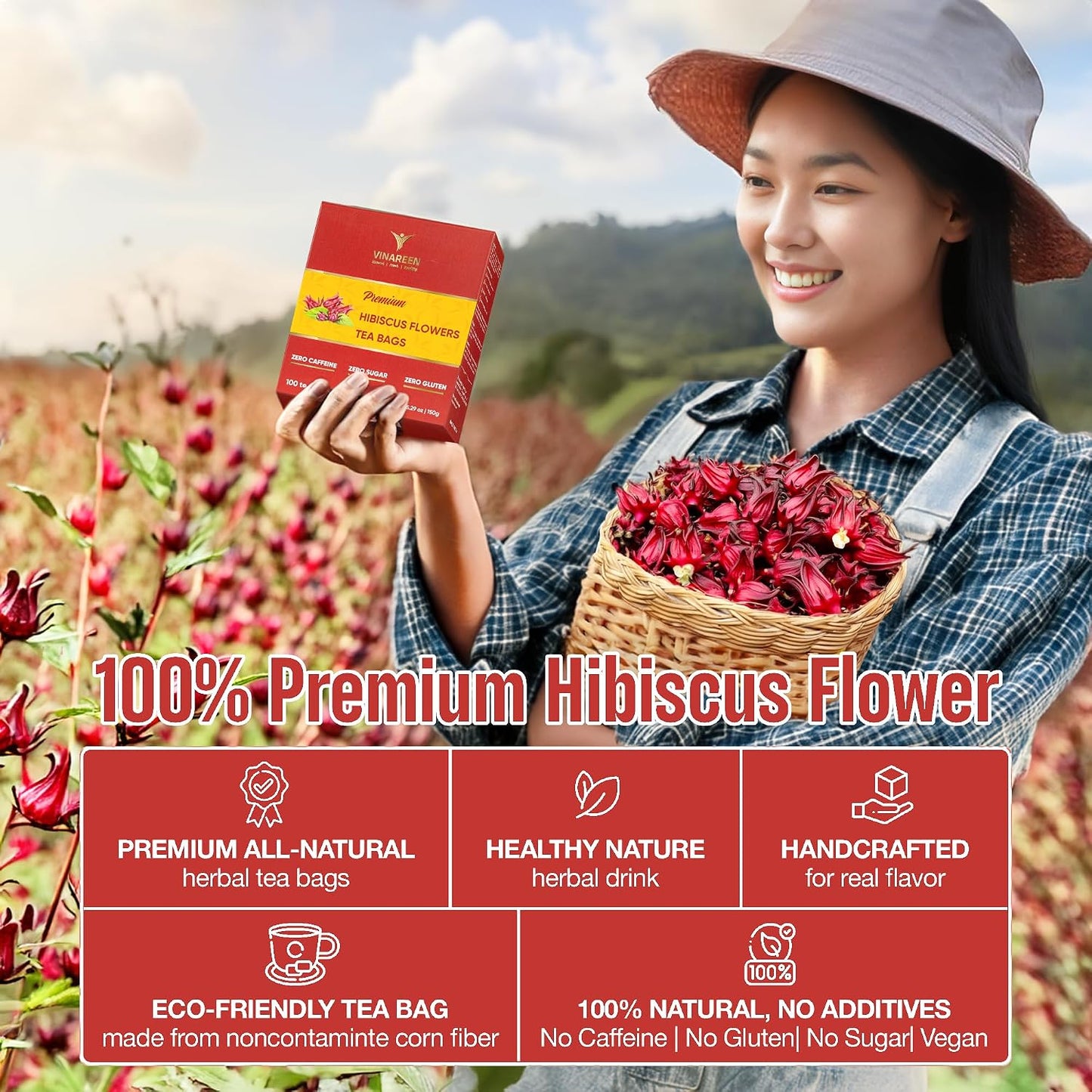 VINAREEN Hibiscus Tea Bags, 100 Count - Herbal Tea Made from Pure Hibiscus Flowers - Te De Flor De Jamaica - Caffeine Free, Sugar Free, Vegan, Non-GMO, No Additives.