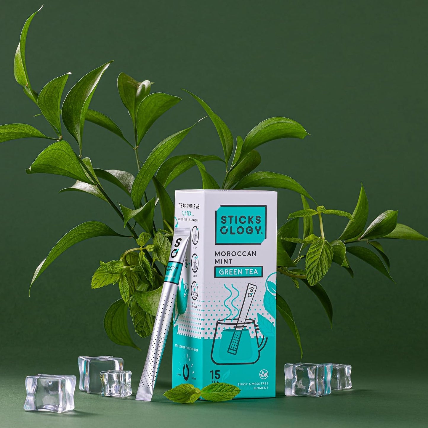Sticksology Moroccan Mint Tea Sticks – Mint Green Tea Infuser Sticks, Mess-Free Tea Stirrers, Refreshing Spearmint Blend, Medium Caffeine, 15 Pack