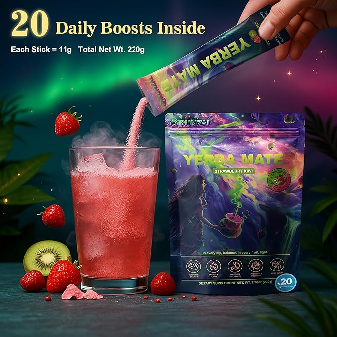 Yerba Mate Sticks Tea Powder - Strawberry Kiwi Single Serve Sticks - Instant Tea Powder On The Go - Nootropic, Prebiotic & Probiotic Mix with Vitamin B3, B6 & B12 - Sugar-Free - 20 Servings
