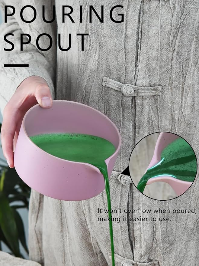 Artcome Matte Pink Matcha Bowl Set with Spout – Handmade Ceramic Chawan, Bamboo Whisk, Whisk Holder, Tea Scoop, and Matcha Manual