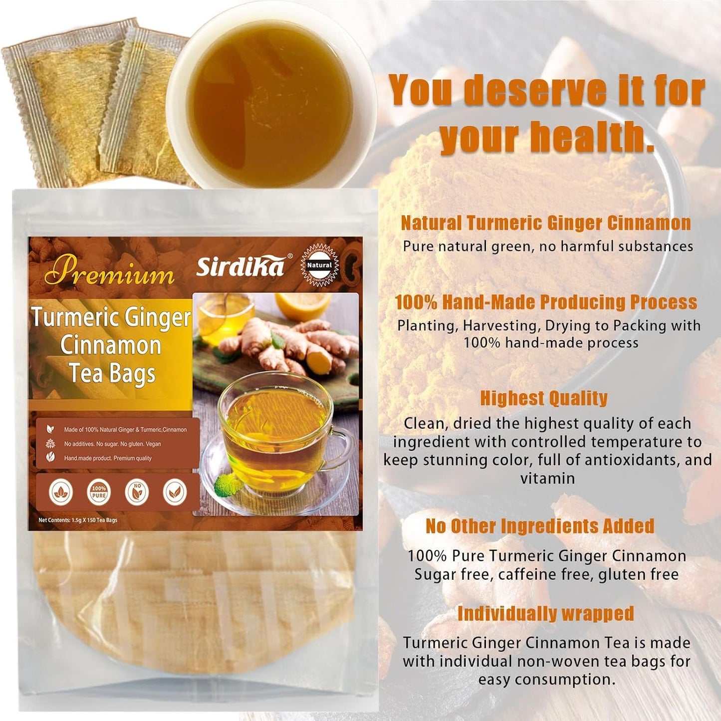 Turmeric and Ginger Powder Supplement - 60 Teabags 3 in 1 Turmeric Ginger Cinnamon Tea Bags, Curcuma Teas Bag Hand-made Blend, 100% Natural &amp; No Additives &amp; Caffeine Free, Improve Digestion, Support Brain, Weight, Skin and Sleep(60 Count)