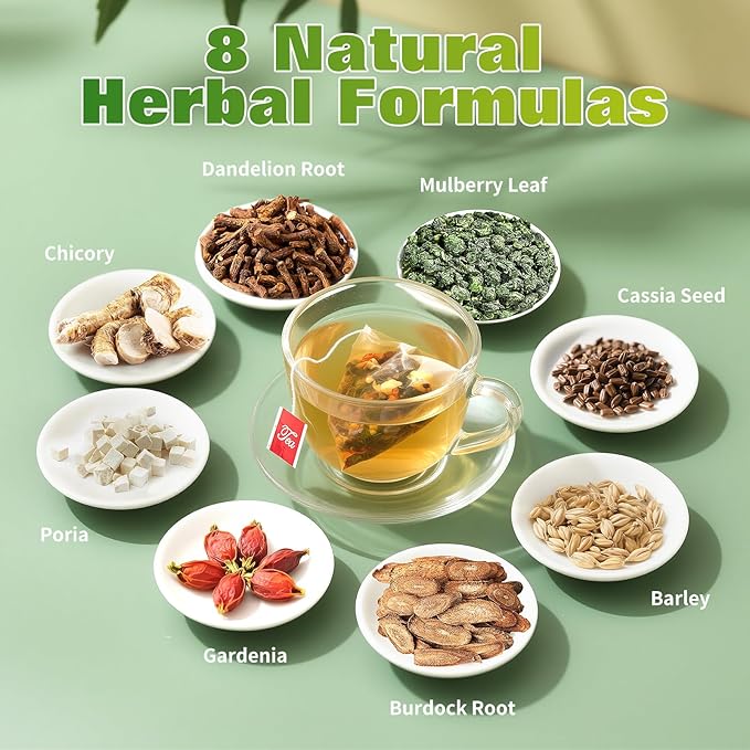 Chicory and Gardenia Tea, Burdock Root Tea, Liver and Kidney Detox, Eight Organic Herbal Ingredients, Including Chicory Root, Dandelion Root, and More, Chinese Herbal Tea Bags (30 Bags)