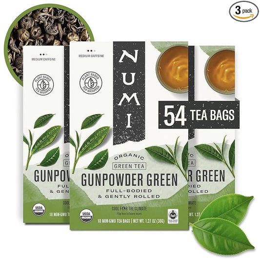 Numi Organic Tea Gunpowder Green, 18 Count Box of Tea Bags (Pack of 3) (Packaging May Vary)