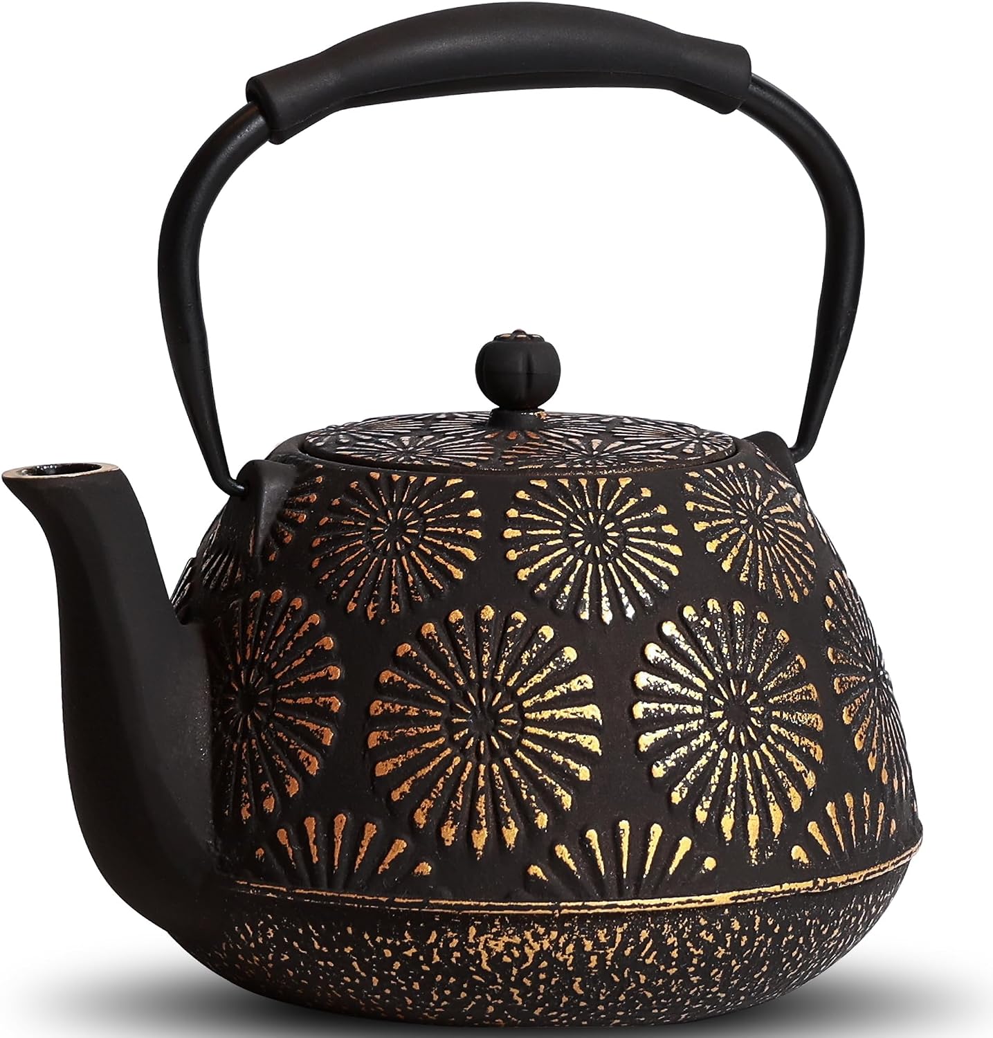 Cast Iron Teapot, 40oz Tea Kettle with Infuser for Stove Top, Sakura Design Japanese Tea Pot for Tea&amp;Coffee Coated with Enameled Interior, Silicone Handle 1200ml black