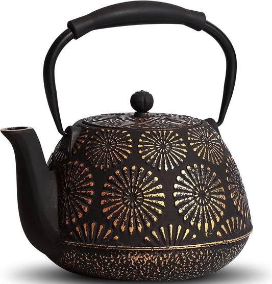 Cast Iron Teapot, 40oz Tea Kettle with Infuser for Stove Top, Sakura Design Japanese Tea Pot for Tea&amp;Coffee Coated with Enameled Interior, Silicone Handle 1200ml black