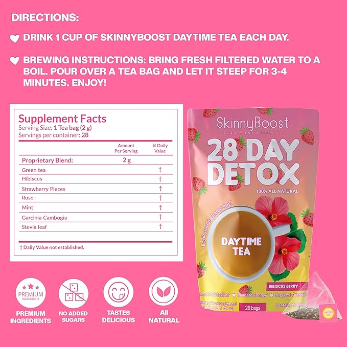 SkinnyBoost 28 Day Detox Daytime Tea -HIBISCUS BERRY (28 Tea Bags) Supports Metabolism Boost, Detox, All Natural, Non GMO, Vegan, Keto Friendly