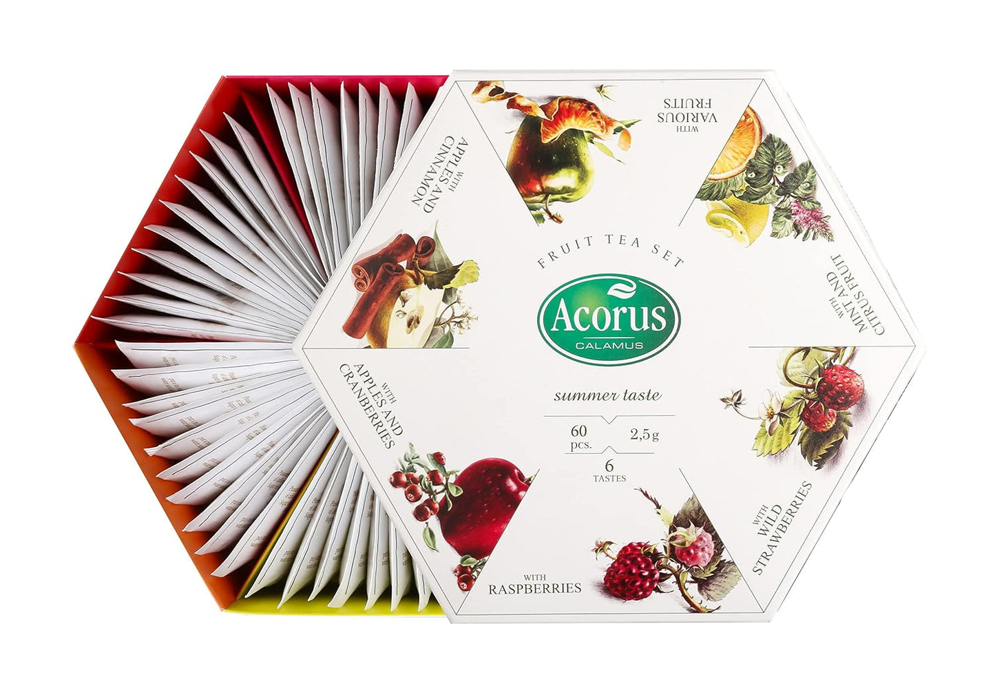 Acorus Summer Taste Tea Set - Natural Assorted Tea Hamper Box Gift Set, Large Selection Box 60 Teas Bags, 6 Fruit and Berry Flavour Sampler