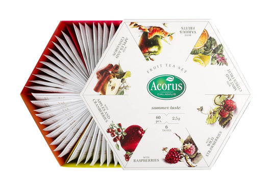 Acorus Summer Taste Tea Set - Natural Assorted Tea Hamper Box Gift Set, Large Selection Box 60 Teas Bags, 6 Fruit and Berry Flavour Sampler
